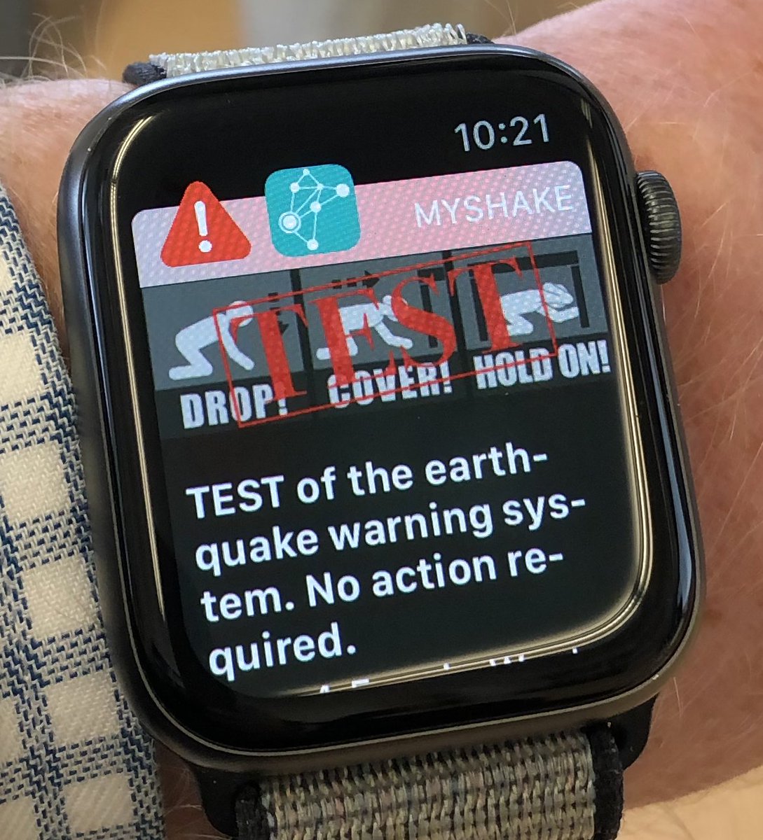 Just got the <a href="/MyShakeApp/">MyShake</a> test #earthquake alert for #ShakeOut.  I have the free <a href="/MyShakeApp/">MyShake</a> on my phone, and it sends the alert to my watch.  MyShake sent the alert to 727,956 phones across CA and OR!  Ready for the next quake...