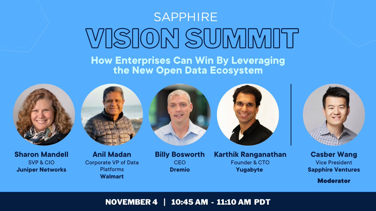SapphireVC's tweet photo. Learn how to future-proof your data stack @ #SapphireVisionSummit w/ insights from @sharonomink- @JuniperNetworks, Anil Madan- @Walmarttech, Billy Bosworth -@dremio, & Kathrik Ranganatha- @Yugabyte, moderated by Sapphire VP @CasberW. https://t.co/NgsBNbCrvN #OpenDataEcosystem https://t.co/Bs9RQ6F4iY