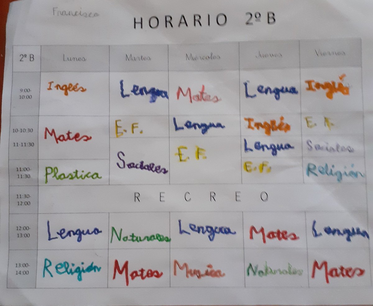 Inmaisla's tweet image. El horario de un niño de 7 años. Alguien me puede explicar cómo con clases de media hora se puede aprender algo?
#colegios #estudiantes