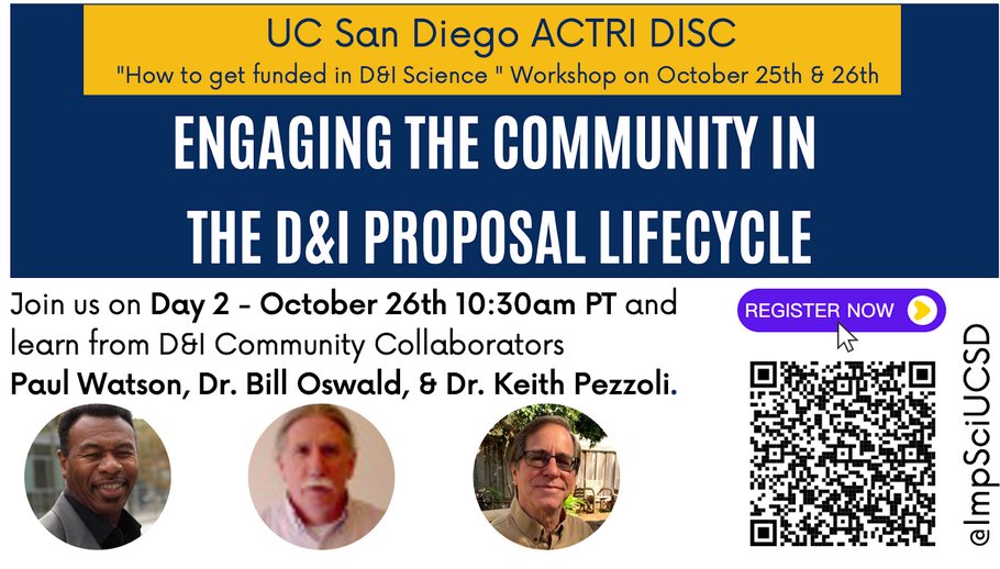 ImpSciUCSD's tweet photo. Plenary Highlight! We are grateful to be joined by partners at #GlobalARC Paul Watson, Bill Oswald, @kpezzoli to explore how to thoughtfully engage community throughout the D&I proposal lifecycle! Register for the #DISCFundingWorkshop (10/25 & 10/26)!!! https://t.co/YZgNxsf2Qd https://t.co/jiDKCW3xoo