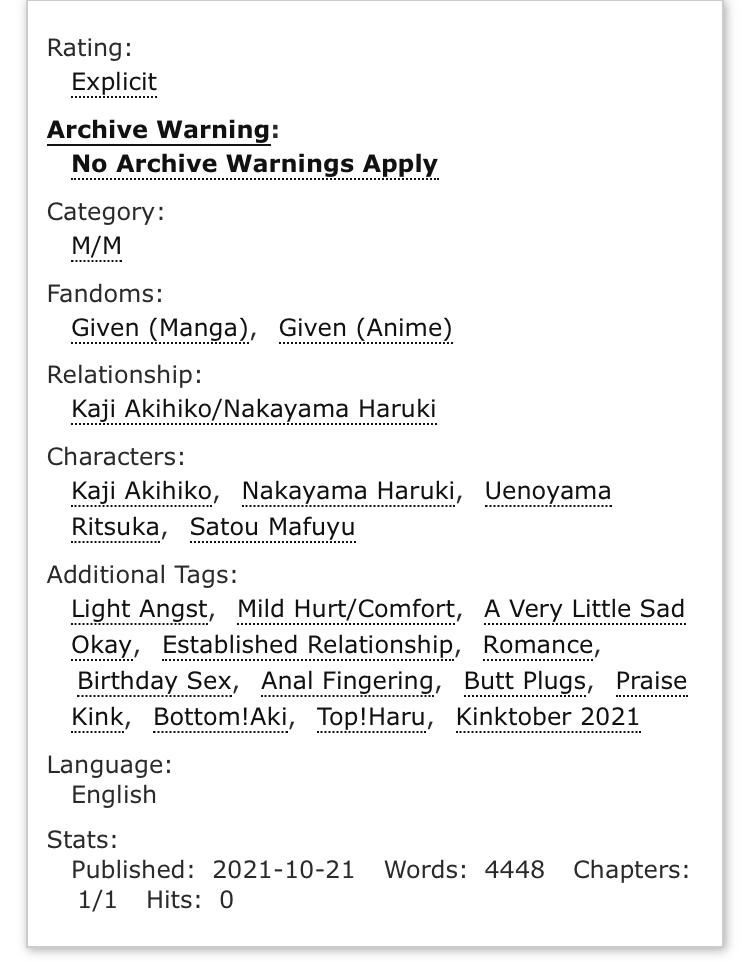 PixieDusto's tweet photo. AHHHH I made it on time!😭
A little Aki-Bday fic which I conveniently combined with my #kinktober prompts (Buttplugs & Forehead kisses) Have fun!😌✨
https://t.co/wXBg8ImUkl
Explicit | 4.4k | Some Hurt/Comfort | Mostly PWP though.
#梶秋彦誕生祭2021 #Given #AutumnPrince https://t.co/ma01tbPTLd
