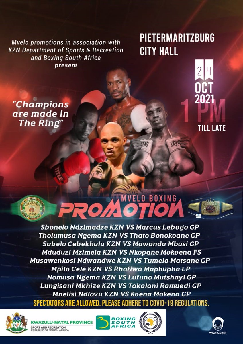 AbuBoxing's tweet image. This weekend 24/10/2021 Pietermaritzburg City hall is hosting an ABU SADC vacant Junior Welterweight title fight between KZN and Gauteng.
Sbonelo Ndzimandze from KZN versus Marcus Lebogo from Gauteng.

KZN is become a major host for ABU