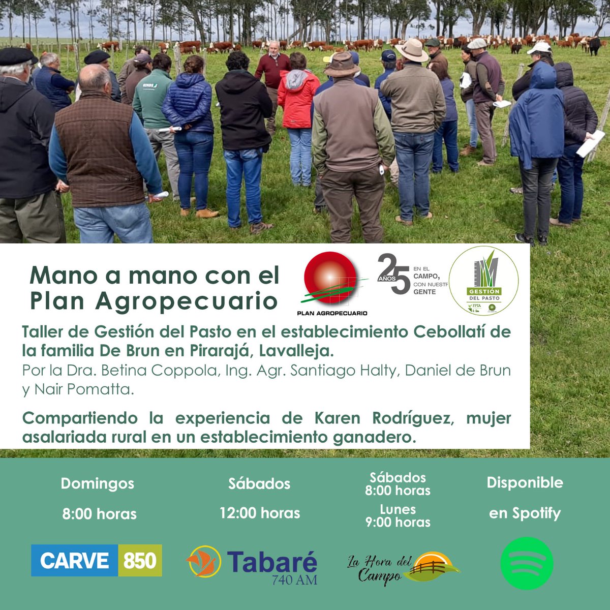 PlanAgro's tweet photo. 📻Mano a mano con el Plan Agropecuario 

#GestiónDelPasto Est. Cebollatí en Pirarajá, Lavalleja. Daniel de Brun, Nair Pomatta, @santiago_halty, Dra. Cóppola.
Karen Rodríguez, asalariada rural en establecimiento ganadero.
#25AñosDelPlan @lahora_delcampo @radiotabare 
@carve850 https://t.co/KiQBla5LR7