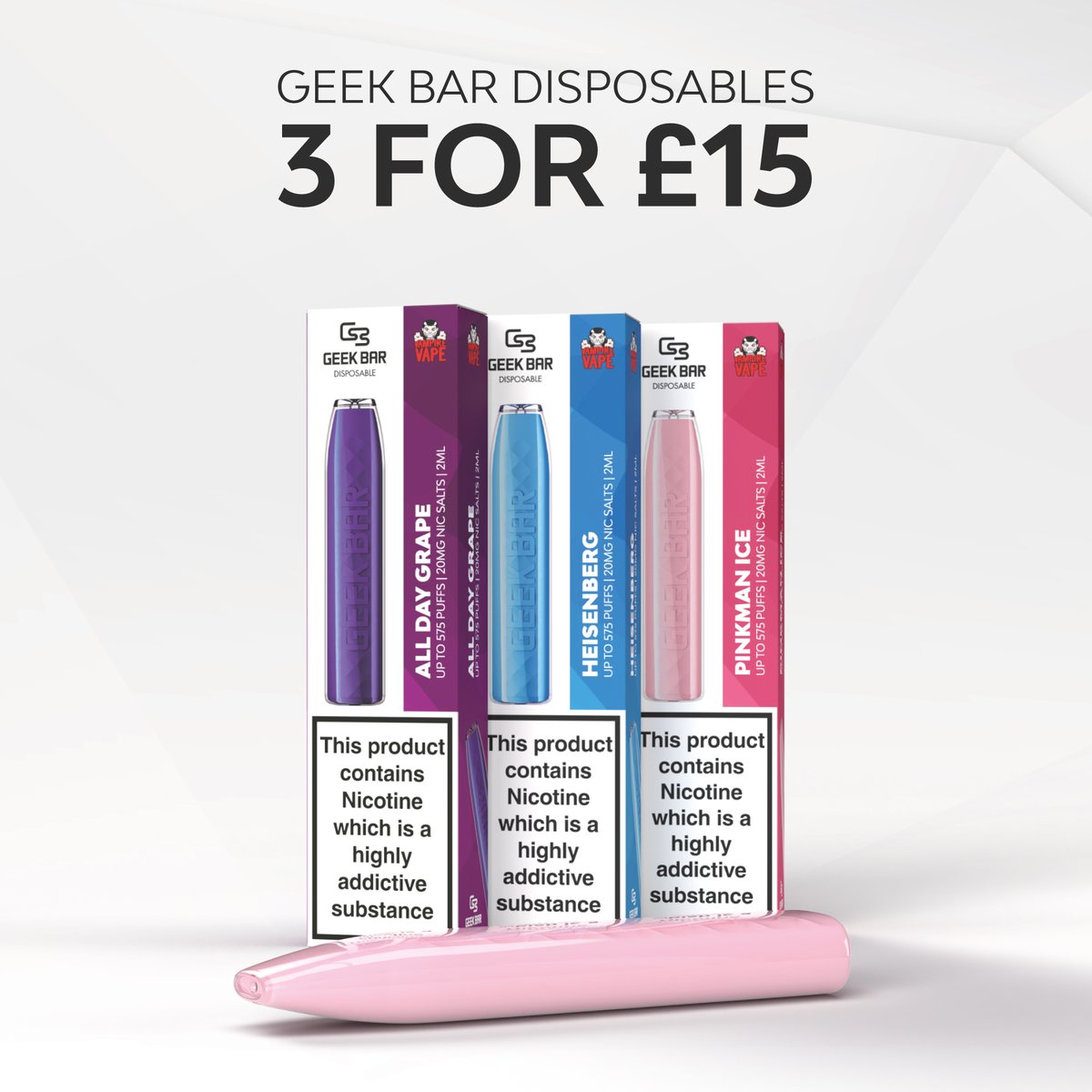 VampireVape's tweet photo. Get 3 of our all new Geek Bars for £15! 💥

Stock up on your favourite flavours today 🔞 - https://t.co/Qf6caVhznu https://t.co/p8ZMj1Ulr1