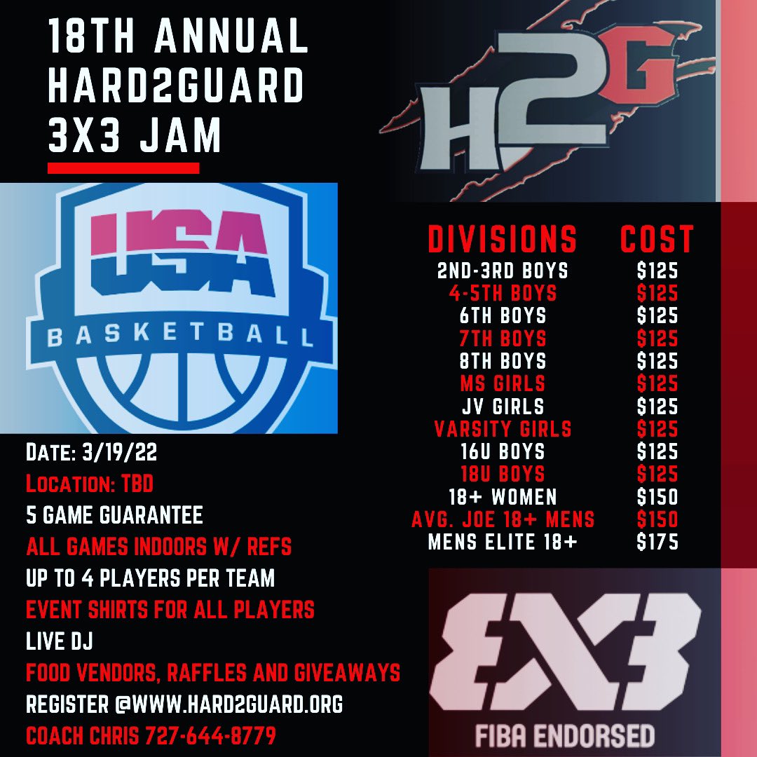 CircuitHoops's tweet image. Join our partners @teamhard2guard for their 18th annual 3x3 Jam! Any travel teams that win a division will also receive points toward their #FHC state rankings!
