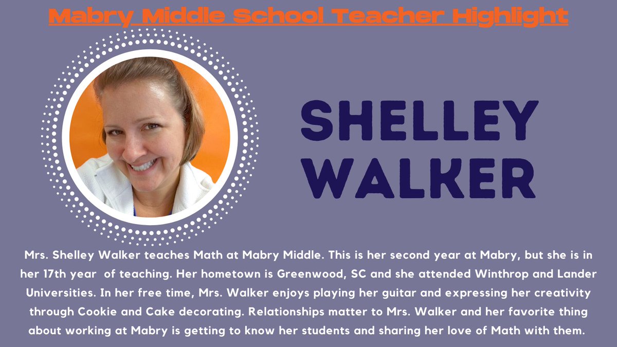MabryMiddle's tweet photo. @MabryMiddle students can count on our teachers! Our first Friday Teacher Spotlight is on Mrs. Shelley Walker.
@Shelley48410525 @spartanburgone
#CountOnMe
#MakeEveryMomentCount
#CountOnMabry
#WeAreONE https://t.co/wYJjmM4eTK