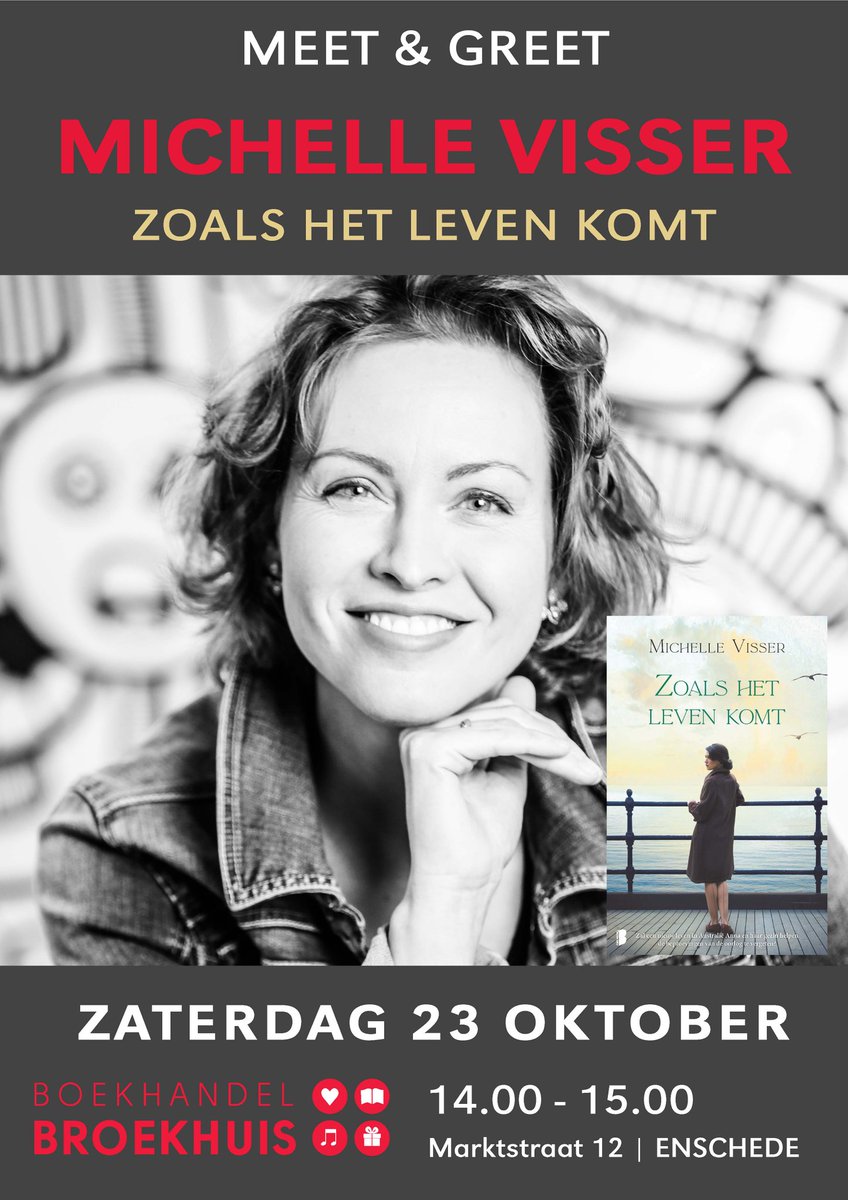 Aanstaande zaterdag Meet &amp; Greet <a href="/Deschrijfkamer/">Michelle Visser</a> Michelle Visser tussen 14:00 - 15:00 uur! Ze signeert voor u haar nieuwe roman "Zoals het leven komt".