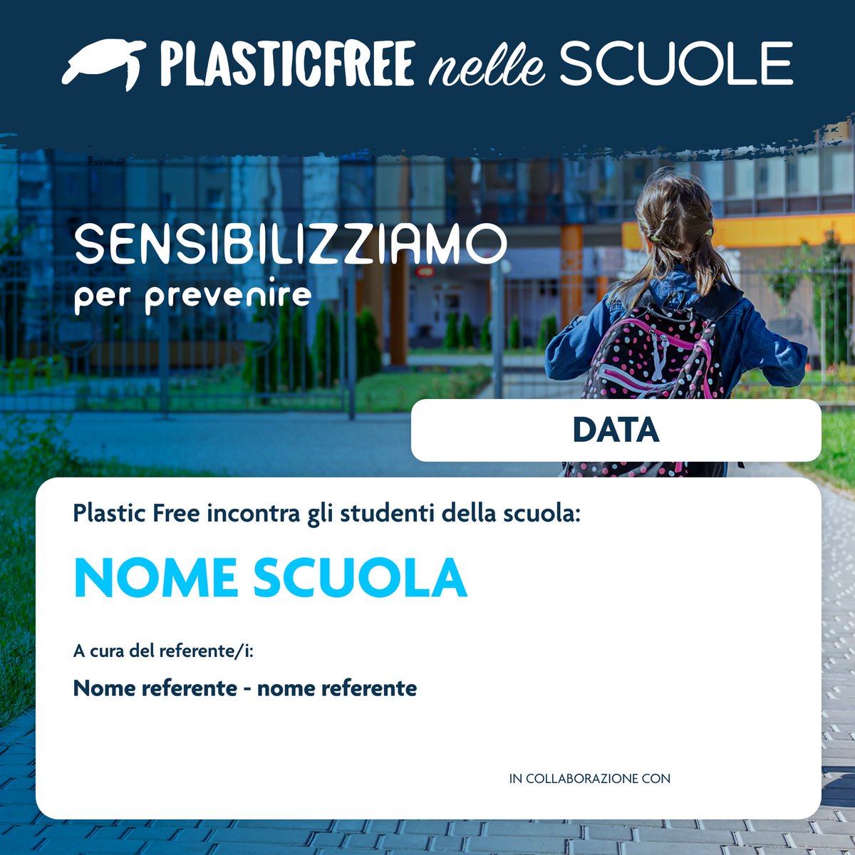 Questa è la base grafica della nuova locandina di ‘Plastic Free nelle Scuole’.

Nel giro di un anno raggiungeremo oltre 3.000 scuole con l’obiettivo di sensibilizzare 300.000 studenti. 

Informare e sensibilizzare equivale a prevenire disastri ambientali.