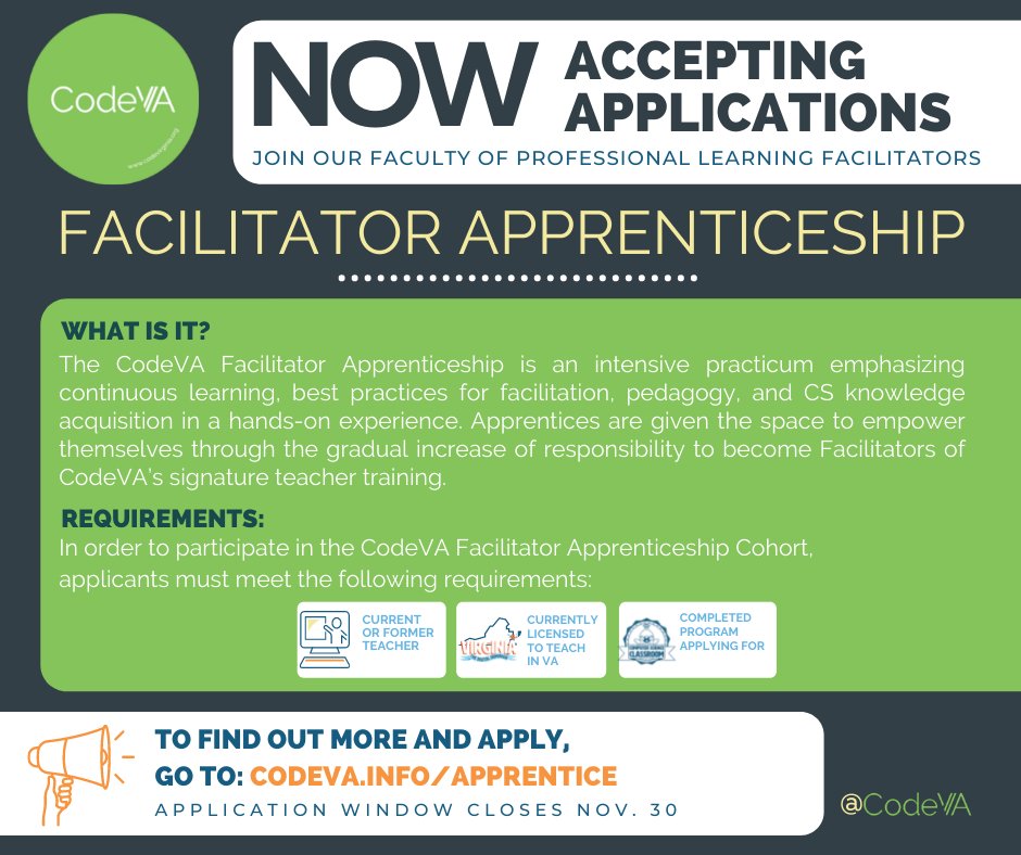 codeVirginia's tweet photo. We are looking for facilitator apprentices! Learn more at https://t.co/SVwTg7KfZU https://t.co/rW1jeUeljW
