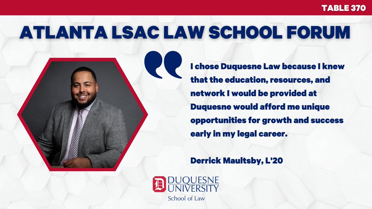 DuqKlineLaw's tweet photo. We are honored to have young alum @dmaultsby53 at the Atlanta #LawSchool Forum tomorrow from 9 a.m. to 6 p.m. 

Stop by Table 370 and say #Hello! 

#lsacforum #lsacforums #lawstudent 
@LSAC_Official @Morehouse @DuqAlumni #Atlanta #Pittsburgh @LSACDiversity https://t.co/mxq4g9Dje1