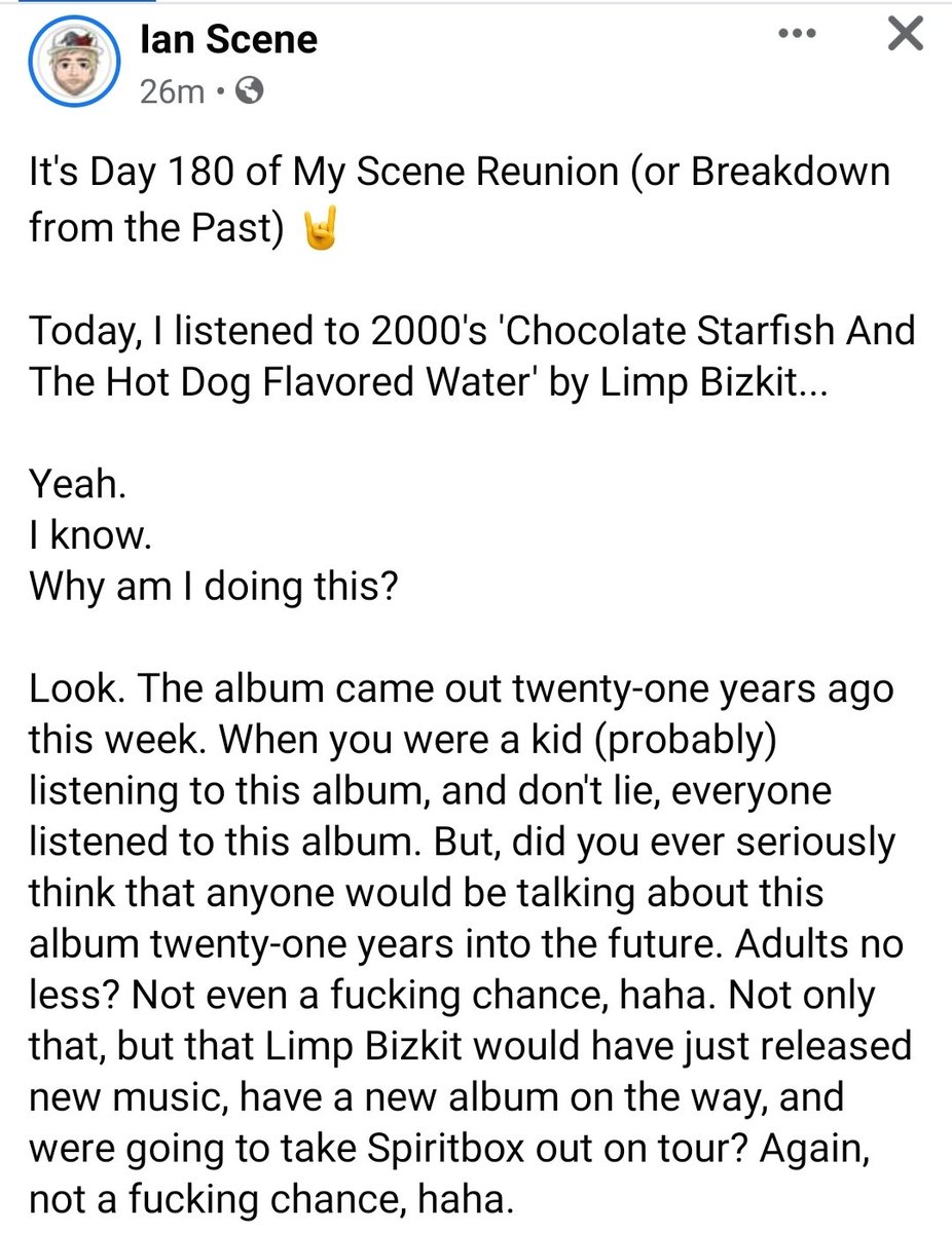 realIanScene's tweet photo. It's Day 180 of My Scene Reunion (or Breakdown from the Past) 🤘

Today, I listened to 'Chocolate Starfish And The Hot Dog Flavored Water' by #LimpBizkit...

Check out my thoughts below 💀

#numetal #raprock #rapmetal #rapcore #scene #scenetalk #musictalk #scenemusic #albumtalk https://t.co/RRrBQv8ySJ