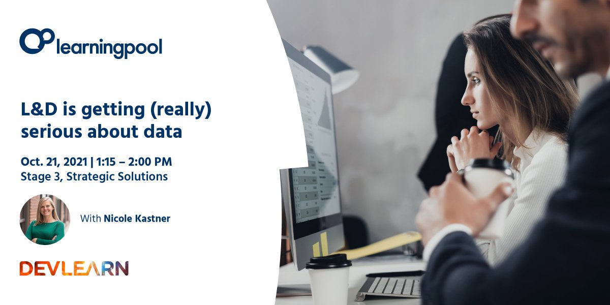 LearningPool's tweet photo. If you're at #DevLearn21 don't miss this opportunity to hear our Sales Manager, Nicole Kastner share insights from our Learning Analytics Maturity Model and how an organization might increase its data maturity. Head over to Expo Hall Stage SELT now! https://t.co/JmahAfv4rh