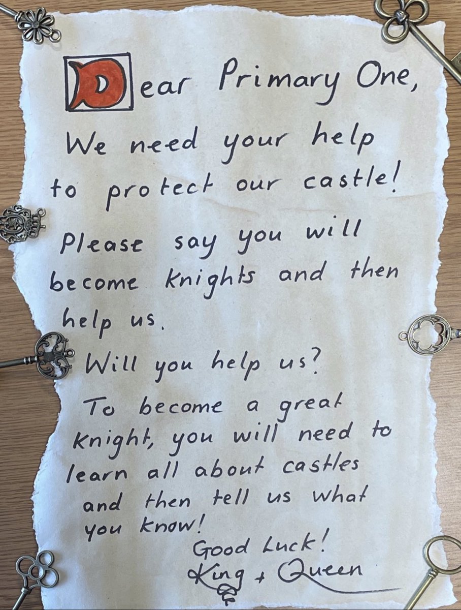Today, there was a huge buzz of excitement in P1 as two items were delivered to our classroom! The 1st, was a letter from a Queen &amp; King in a castle!! The 2nd, a parcel of keys which we think are for different parts of the castle! We can’t wait to learn more!