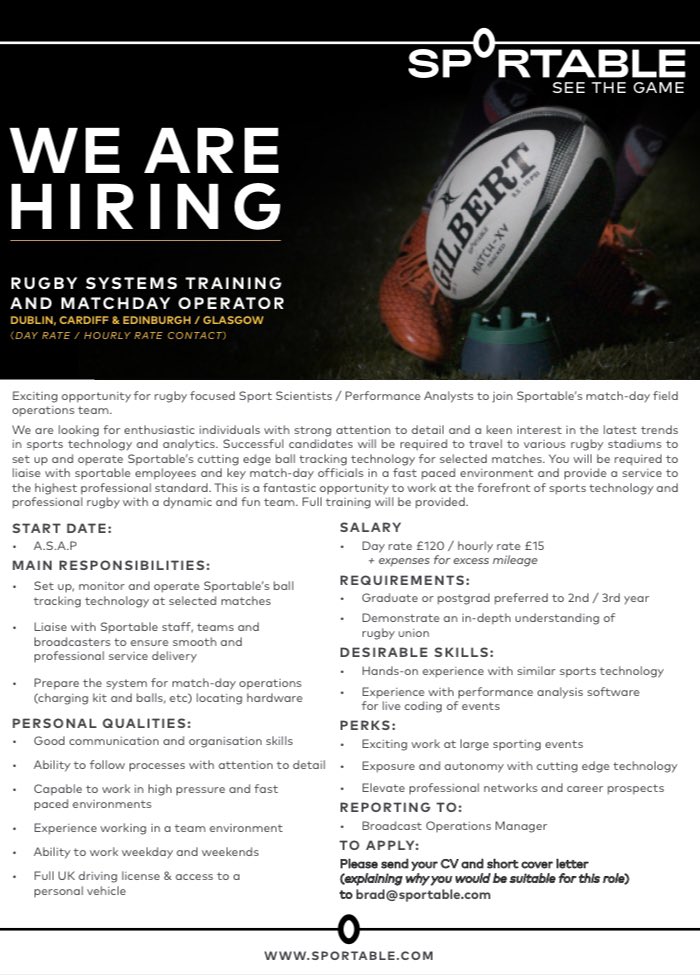 rugbyvacancies's tweet photo. Sportable are recruiting Rugby System Matchday Operators in Dublin, Cardiff &amp; Edinburgh/Glasgow.

A competitive hourly (£15)/daily rate (£120) is available. Please see the picture for further details and how to apply. 

#rugbyvacancies #rugby #dublin #cardiff #edinburgh #glasgow https://t.co/gK7DsbEZbP
