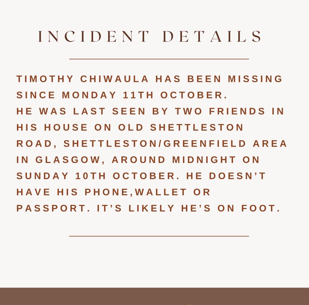 Timothy Chiwaula has been missing since October 11.

Please share and if you have any information, the contact details are below.