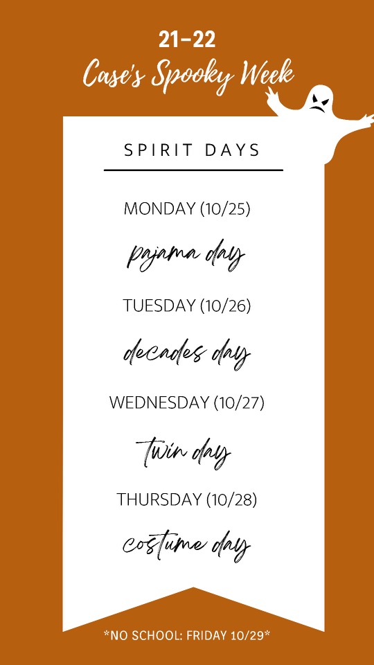 Spirit days next week for Halloween week! Excited to see you all next week!!! <a href="/THECASEEAGLES/">Case Eagles</a>