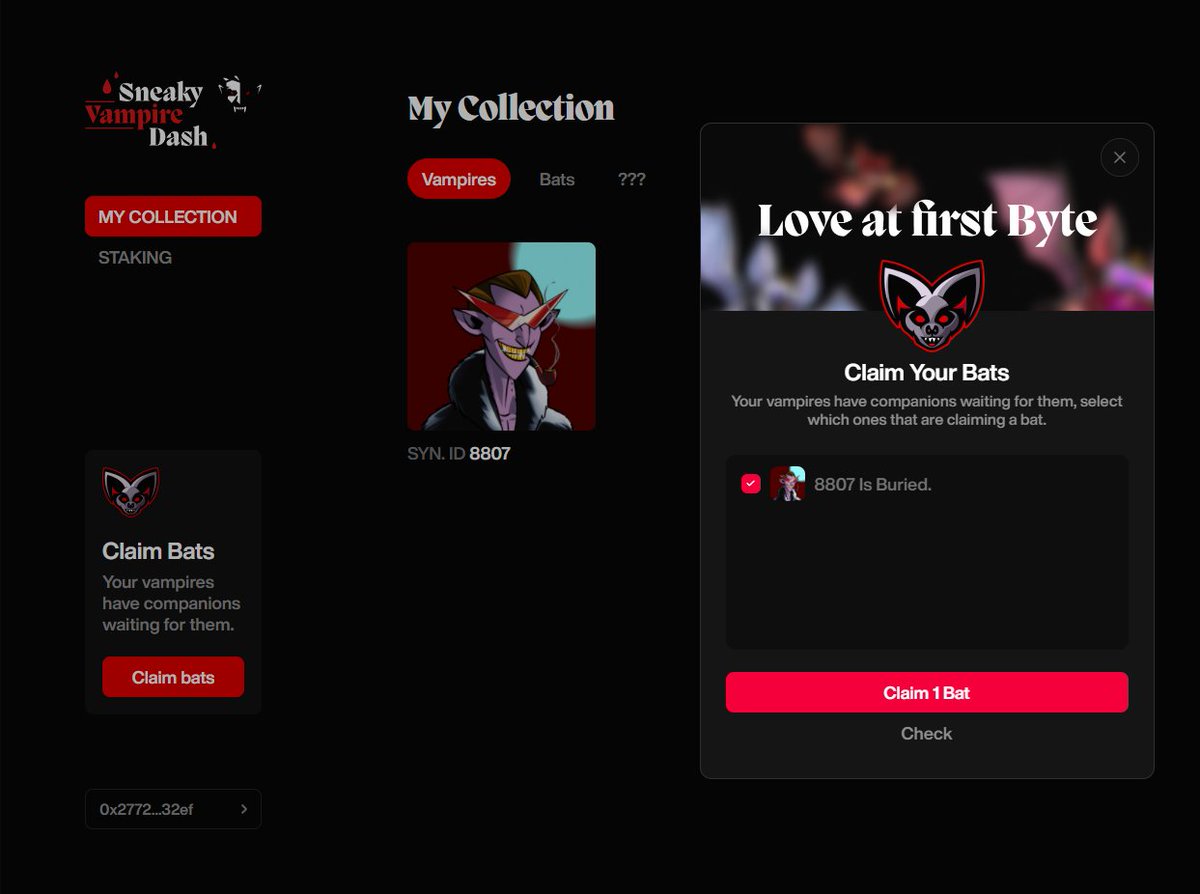 purchasable's tweet photo. Just claimed my free bat whilst my @SVSNFT is locked up in a coffin generating $BLOOD 🩸 for me. 

Have you claimed your bat yet? (you can also stake bats) 🦇 https://t.co/8FatnXFNVU