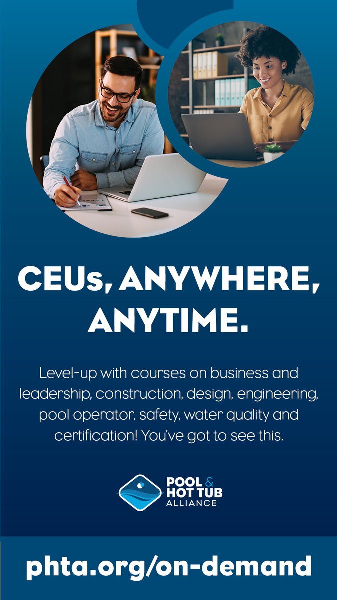 ThePHTA's tweet image. Keep learning on your own schedule! PHTA has more than 50 on-demand courses you can purchase now and take later.
phta.org/on-demand
#poolpros #pooloperators #poolbuilders #pooldesign #safety #business #waterquality #engineering #construction #GENESISEd #certification #CEUs