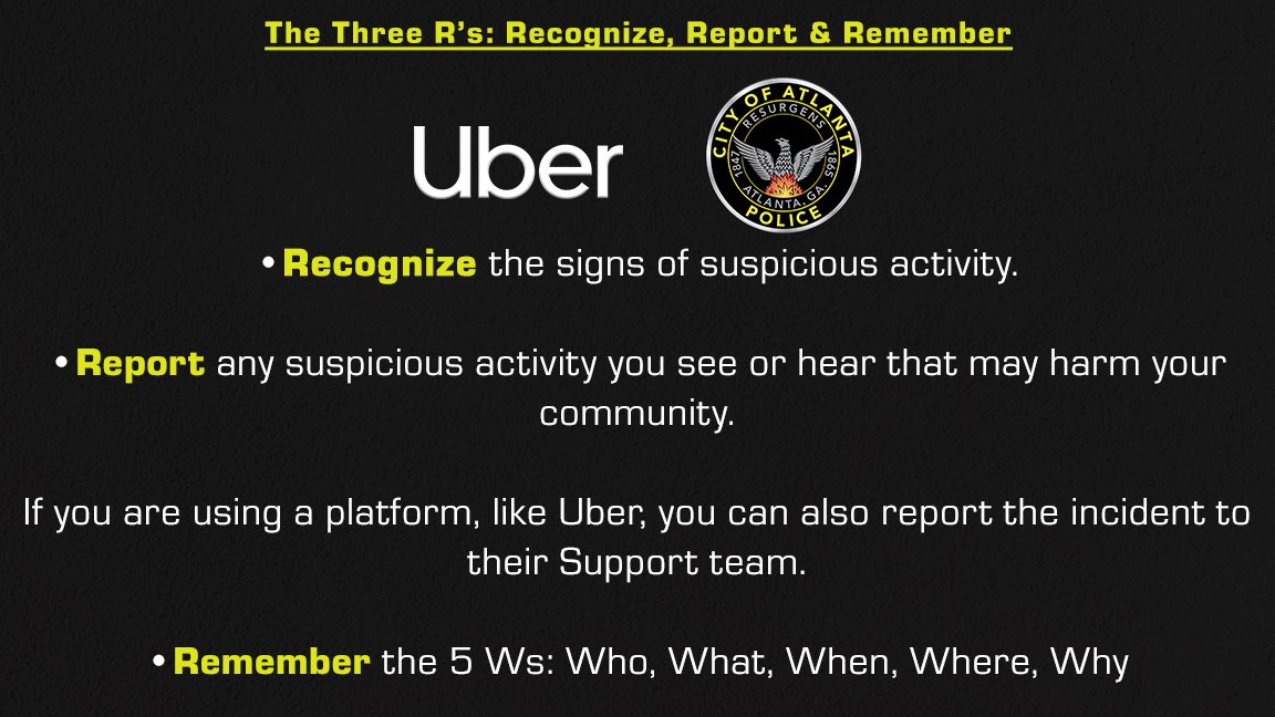 Atlanta_Police's tweet image. @Uber &amp;amp; APD are partnering to ensure that your safety while using the using the Rideshare app, is a top priority. Whether a driver or a passenger, below are a few tips to keep in mind while using Uber/Uber Eats. #MySafeATL #APDCares #AtlantaPolice