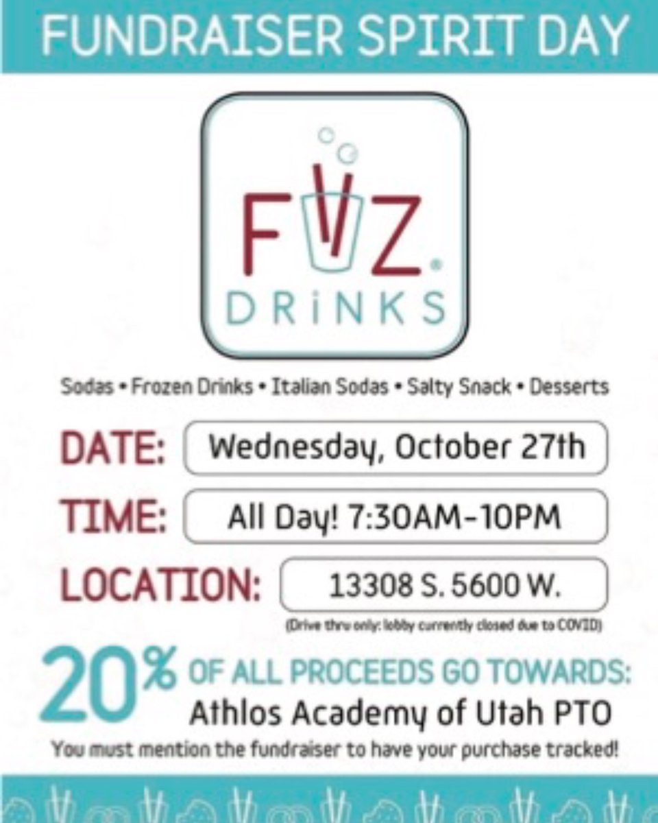 AthlosUtah's tweet photo. The PTO's Fiiz Drinks Sprit Night is almost here! 🥤
• Wednesday, October 27 from open to close. 
• 20% of all proceeds will go to the Athlos Academy PTO! https://t.co/gpqHFFZp2U