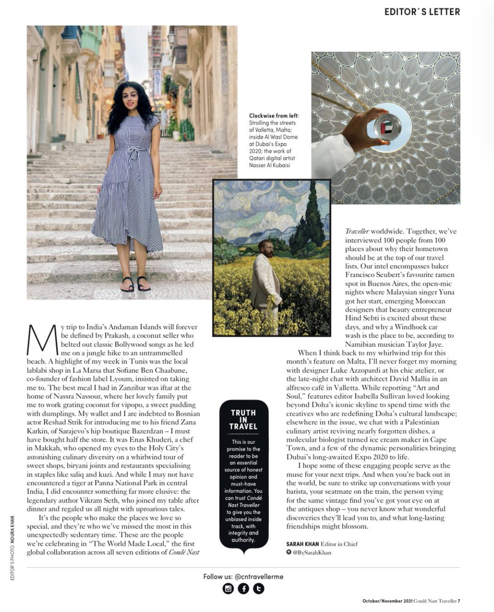 BySarahKhan's tweet photo. Presenting the October/November issue of @cntravellerme - featuring #TheWorldMadeLocal, the first global collaboration across all seven editions of CNT. Also inside: Malta, Doha, @expo2020dubai, Athens, Cape Town, Rajasthan, and more. My editor’s letter: https://t.co/lokpZWzyj6 https://t.co/skOQMOrA9N