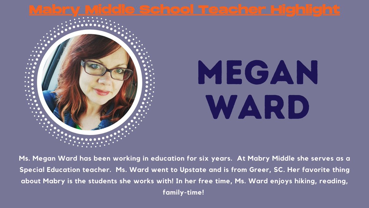 MabryMiddle's tweet photo. @MabryMiddle students can count on our teachers! Our Friday Teacher Spotlight is on Ms. Megan Ward.
@spartanburgone
#CountOnMe
#MakeEveryMomentCount
#CountOnMabry
#WeAreONE https://t.co/2vUCbVi8mQ