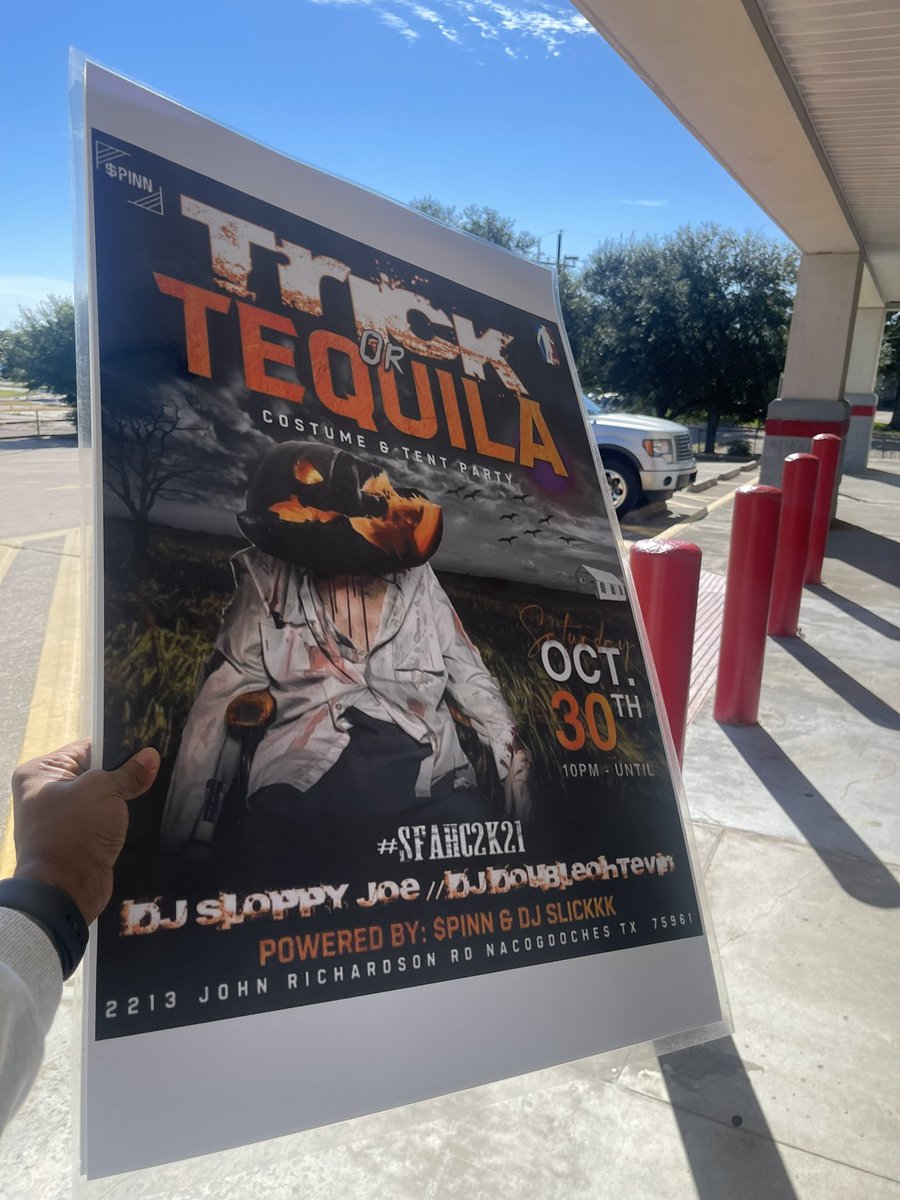 slickkkrickk's tweet photo. PRESALES FOR IN FOR #TRICKORTEQUILA !! 

$10 a Presales ! 

BUS TICKETS ARE IN FOR CHARTER BUSES TO #SFA FOR #TRICKORTEQUILA !!!!! 
@tra3green @kenn_PHE https://t.co/WNNrvY5wop