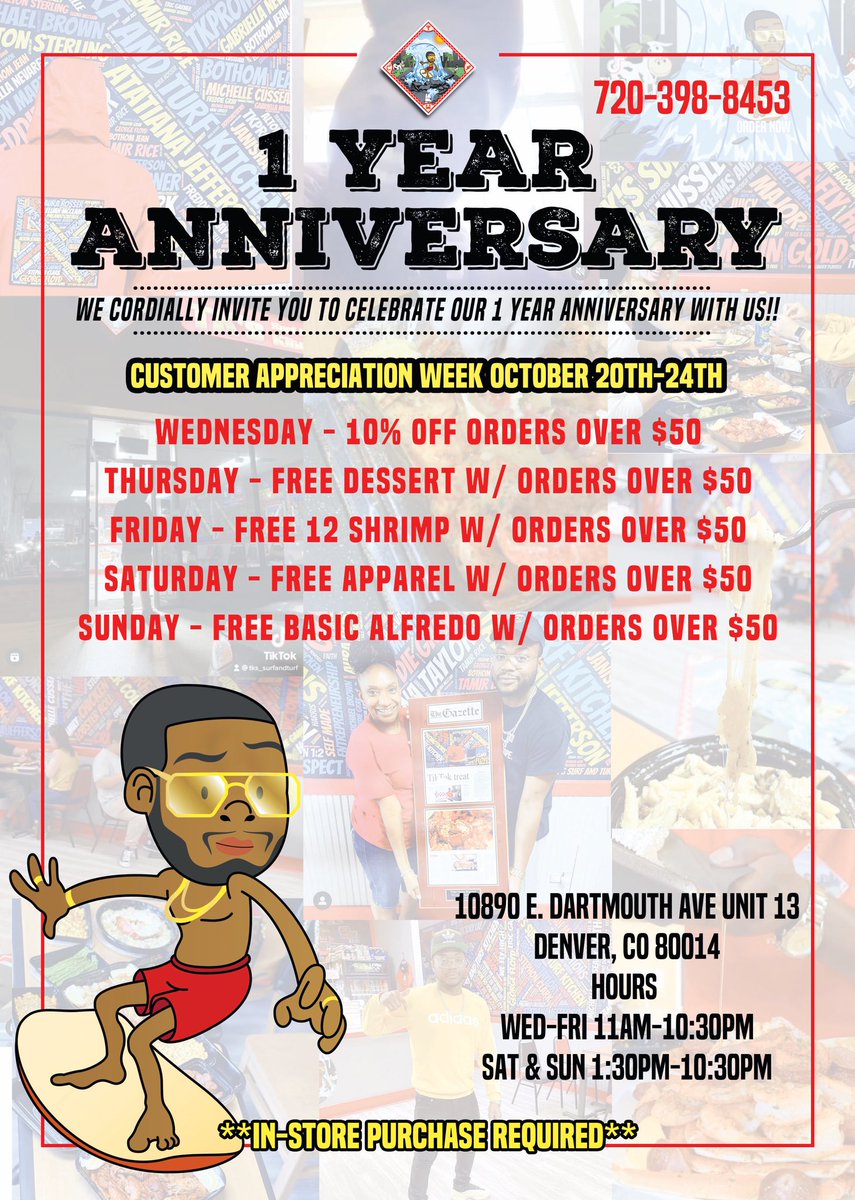 TKPromotions's tweet photo. This week marks @TKs_SurfAndTurf 1 year anniversary!! Come by and celebrate with us!! Thanks for all of your continued support!! https://t.co/Cy4kX8RnL8