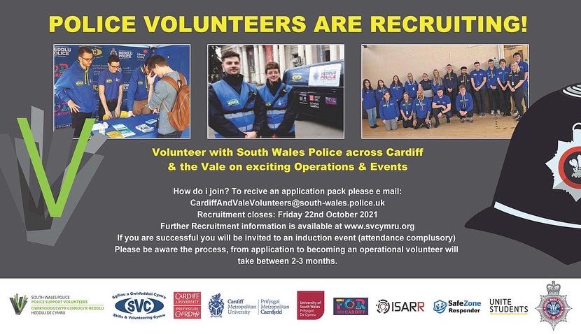 MikeUniSIO's tweet photo. Attention ‼️
Deadline extended until 5pm Monday 25th October
Want to help #KeepCardiffSafe ?
We’re recruiting South Wales Police Volunteers now!
Be given Conflict Management & First Aid ⛑ training, Radio Skills & Customer Service training along with a chance to boost your CV! https://t.co/ScJNU23xsf