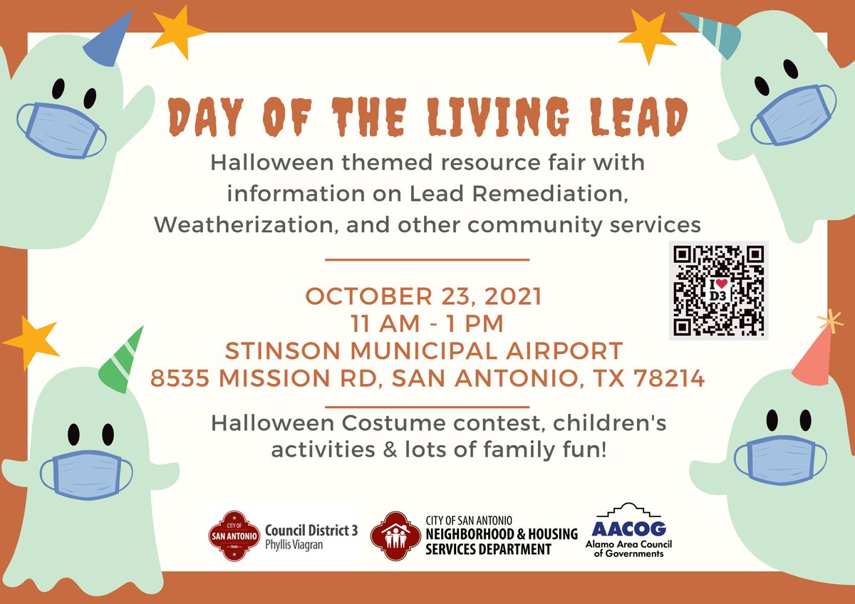 COSAGOV's tweet photo. The Neighborhood and Housing Services Department, in conjunction with Alamo Area Council of Government’s Weatherization Assistance Program, will be hosting the “Day of the Living Lead” Awareness Fair to kick off Lead Awareness and Weatherization Month! 👻🎃 https://t.co/EvVcSxEcLR