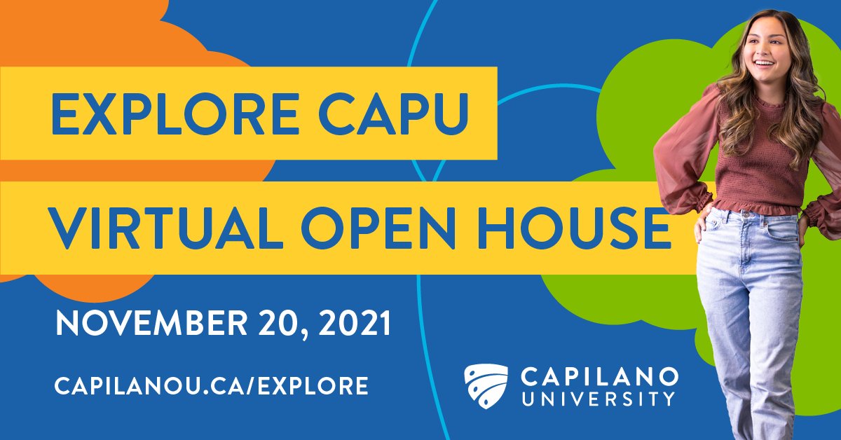 CapilanoU's tweet photo. Ready to take the next step on your educational journey? Come see us at the #ExploreCapU Virtual Open House on Nov. 20! Connect with students and faculty and get all your questions answered. Register for this free event today: https://t.co/U7QxvjvHs8 https://t.co/9DZaxcGDs0