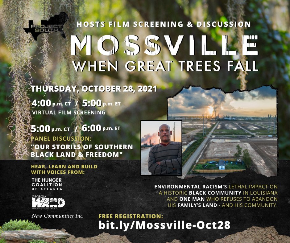 ProjectSouth's tweet photo. JOIN @ProjectSouth's virtual Film Screening of MOSSVILLE: WHEN GREAT TREES FALL, Thu. 10/28, 4p CT/5p ET

Plus, "Our Stories of Southern Black Land &amp; Freedom" discussion, incl. Mrs. Shirley Sherrod of New Communities &amp; Southwest Georgia Project

REGISTER: https://t.co/APrrYvQt81 https://t.co/oL7frI9BJP
