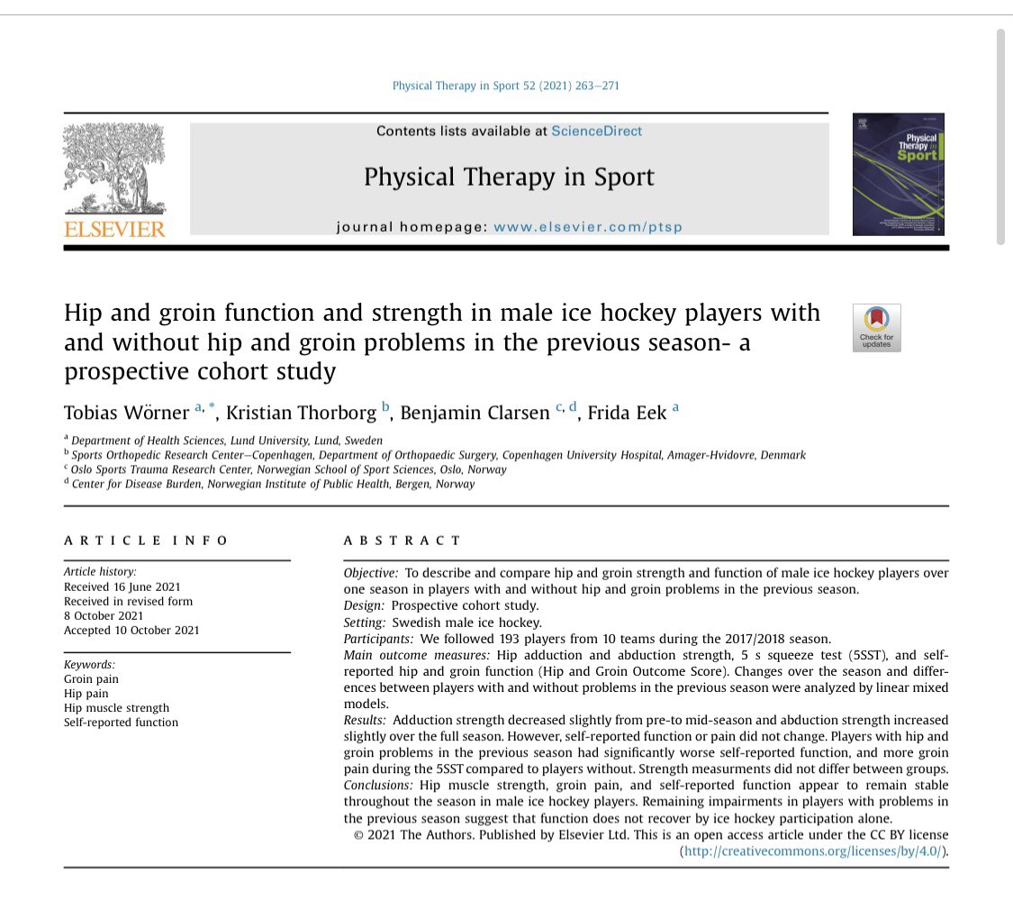EekFrida's tweet photo. Latest out from our 🥅 🏒 project!We followed players from 10 teams during one season. Mean strength and perceived hip/groin function remained stable on group level, but players with previous problems perceived lower function throghout the season.
OA https://t.co/mGdZPykzlw https://t.co/lY4gQHf9DE