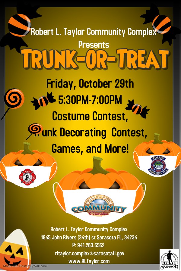 The Annual Trunk or Treat at the Robert L Taylor Community Complex, at 1845 John Rivers St, Friday, October 29 at 5:30–7pm. Trunk or Treat is a free, fun, safe event where children &amp; families show off their best Halloween costumes and enjoy exciting activities. <a href="/CityofSarasota/">City of Sarasota</a>