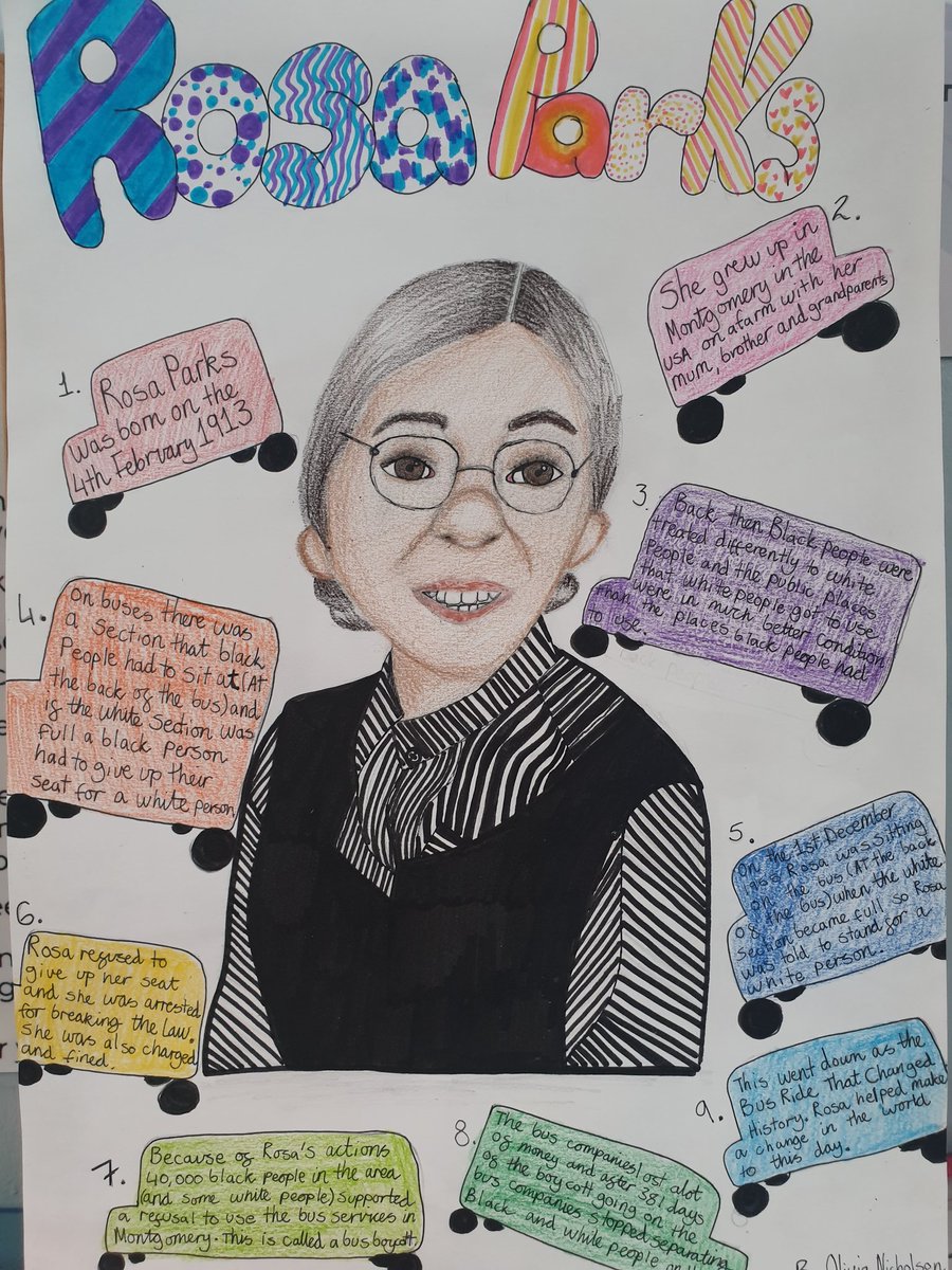 ArklestonSchool's tweet photo. This had to be shared. P7 have been learning about a lot of important people as part of #BlackHistoryMonth2021 and Olivia created this poster all about Rosa Parks. @AttainRen @CorrRHS @mrsspeirs_rhs @MissB_Creative  @BBCNewsround https://t.co/BwfqlKm09Q