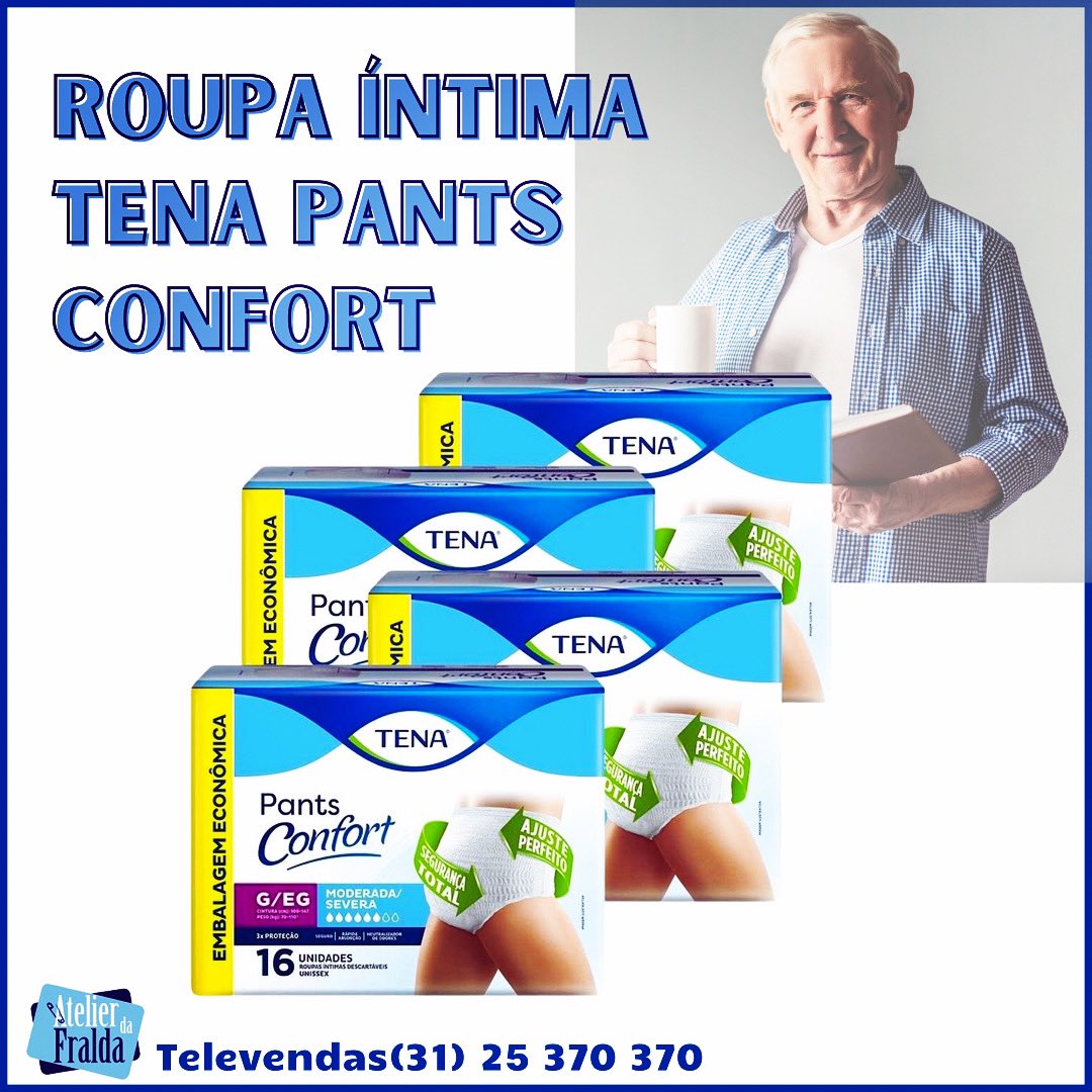 AtelierdaFralda's tweet photo. ROUPA ÍNTIMA TENA PANTS CONFORT

Tam. G/EG    16 unid.
⁃ Unissex 
⁃ discrição e segurança. 
⁃ indicado para perdas de urina moderada a severa. 
⁃ tecnologia High Soft, que absorve rapidamente grandes quantidades de urina. 

☎️ Televendas (31) 25 370 370 https://t.co/rJZUqzkBKx