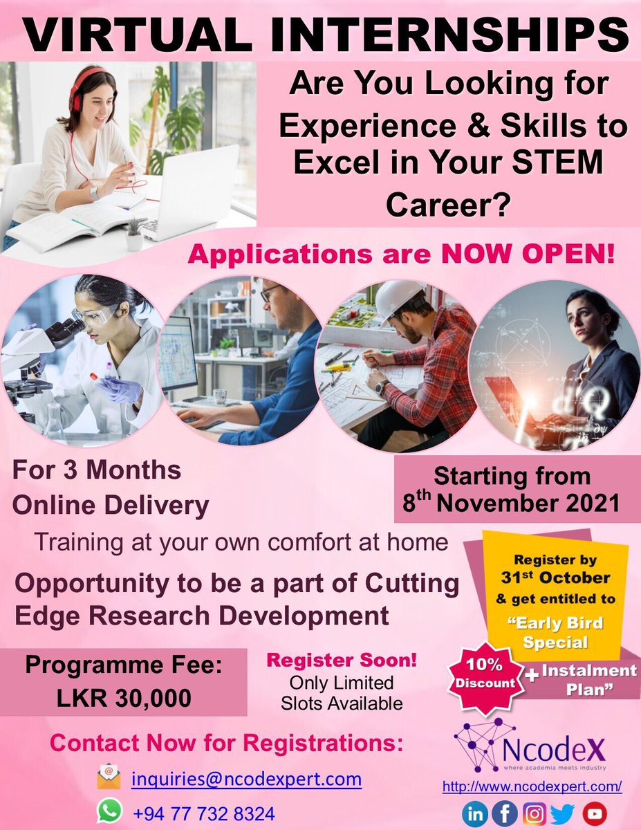 Are you career oriented and need to mould yourself to a researcher? Or are you an early career researcher looking forward to gather work experience? Whichever you need, 𝐰𝐞 𝐡𝐚𝐯𝐞 𝐭𝐡𝐞 𝐩𝐥𝐚𝐧 𝐟𝐨𝐫 𝐲𝐨𝐮!

Pay 𝐨𝐧𝐥𝐲 LKR 13,500 and reserve your slot
#ncodex #virtual