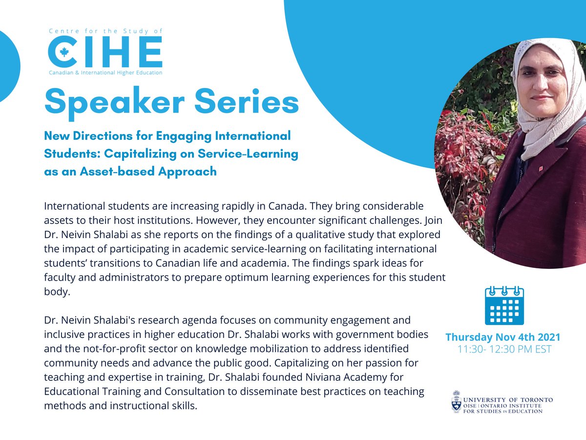 Join us on Thursday, November 4th @ 11:30AM for a conversation with Dr. Neivin Shalabi on New Directions for Engaging International Students: Capitalizing on Service-Learning is an asset-based approach. 

Register below: utoronto.zoom.us/meeting/regist…