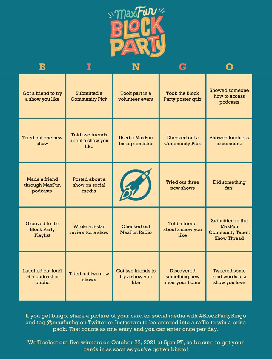 MaxFunHQ's tweet photo. Tomorrow is the LAST DAY of #MaxFunBlockParty which means it's also the last day to submit your bingo card for a chance to win a Block Party poster & more!
Go to https://t.co/Szrfhi1Xwk to grab a card (or just screenshot one of the ones in this tweet) and start bingo-ing! https://t.co/cdzoeorlWH