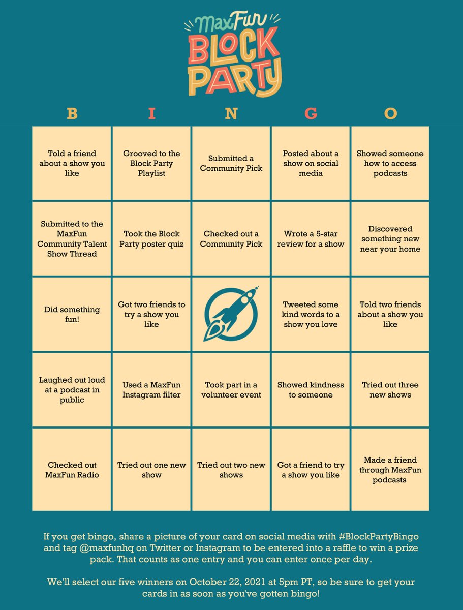 MaxFunHQ's tweet photo. Tomorrow is the LAST DAY of #MaxFunBlockParty which means it's also the last day to submit your bingo card for a chance to win a Block Party poster & more!
Go to https://t.co/Szrfhi1Xwk to grab a card (or just screenshot one of the ones in this tweet) and start bingo-ing! https://t.co/cdzoeorlWH