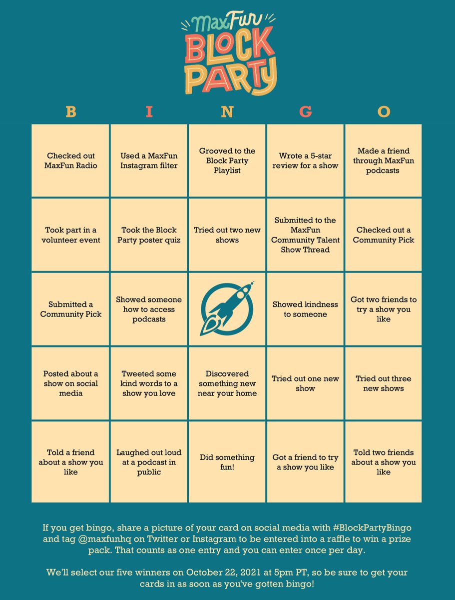 MaxFunHQ's tweet photo. Tomorrow is the LAST DAY of #MaxFunBlockParty which means it's also the last day to submit your bingo card for a chance to win a Block Party poster & more!
Go to https://t.co/Szrfhi1Xwk to grab a card (or just screenshot one of the ones in this tweet) and start bingo-ing! https://t.co/cdzoeorlWH