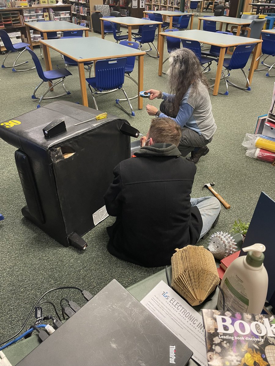 We’ve got some chair repair happening in the library. One of the legs broke so this student decided that they needed to make it useable once more. Thank you!