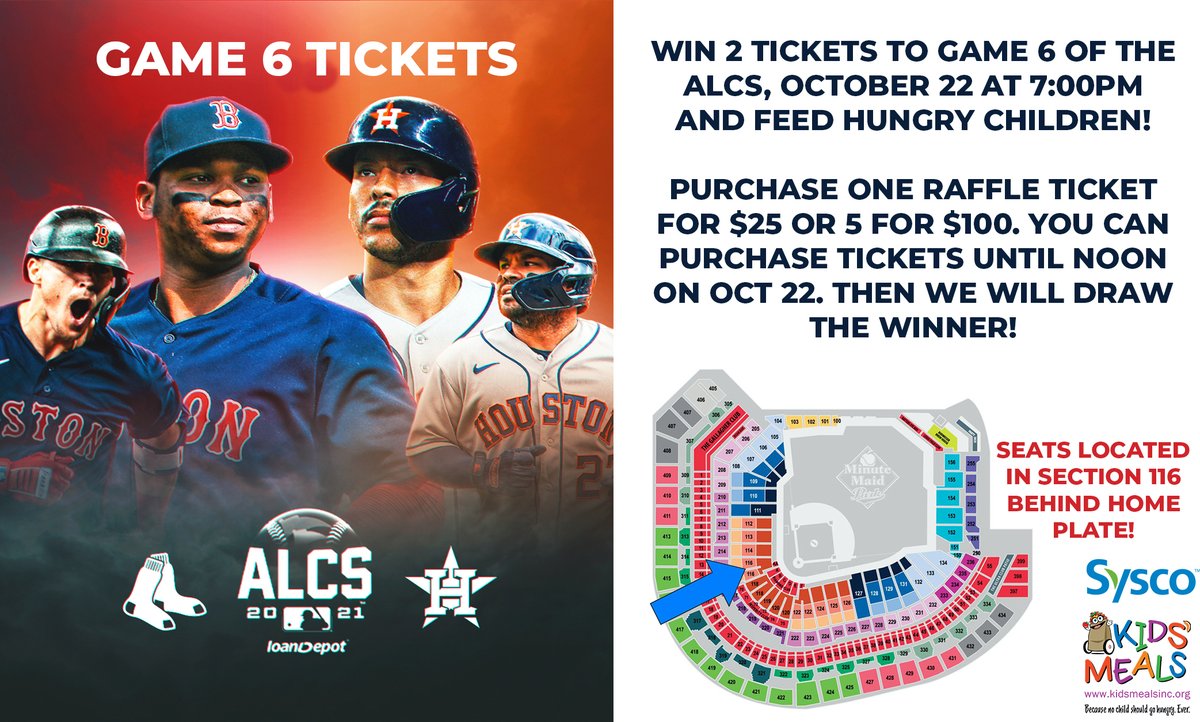 KidsMealsInc's tweet photo. WIN 2 TICKETS TO GAME 6 OF THE ALCS BEHIND HOME PLATE! $25 for each raffle ticket, or 5 for $100. Sales close at noon on 10/22. All ticket sales feed hungry children in Houston. Purchase raffle tickets here - https://t.co/r89GVekK49 #ForTheH #Astros #ALCS2021  #HOUvsBOS https://t.co/wXZ1I1wRjo
