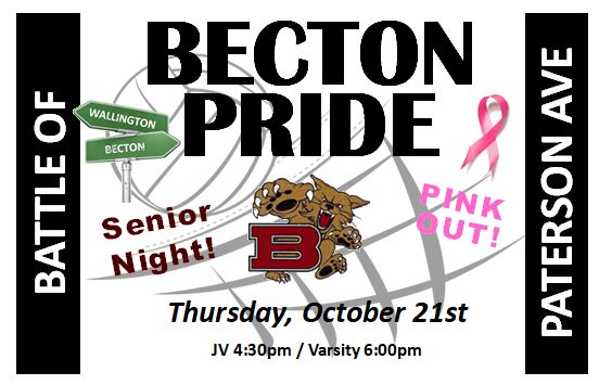 Battle of Paterson Ave &amp; Senior Night for our Volleyball Players <a href="/BectonHS/">Becton Regional High School</a>  Tonight at 6pm. Wear PINK!!! #LadyWildcats #StrongerTogether2021 #FightTheBattle <a href="/BCRFcure/">The Breast Cancer Research Foundation</a> <a href="/NationalBCFDN/">NationalBreastCancer</a> Please Donate at Door.