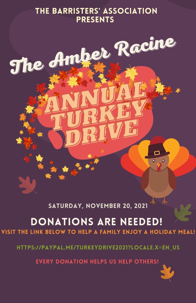 The Barristers’ Amber Racine Annual Turkey Drive is on Nov. 20, 2021. We were able to gift 800 Philadelphia families with Thanksgiving turkeys last year, and we’d like to surpass that number this year. Please consider donating. 

Please RT 🙏🏿💜✨

paypal.me/TurkeyDrive202…