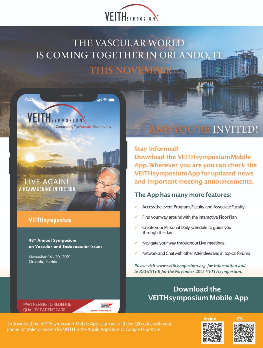 #VEITHsymposium November 16-20, 2021 live meeting is PAPERLESS. In order to navigate & move about the meeting, please download the VEITH App. The App is available at the Apple Store or Google Play Store. Search for VEITH. #VEITHLive