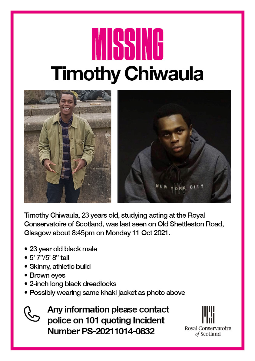 RCS acting student missing for 10 days- please share if you can -the image has contact details for any info. Thank you <a href="/RCStweets/">Royal Conservatoire of Scotland</a>