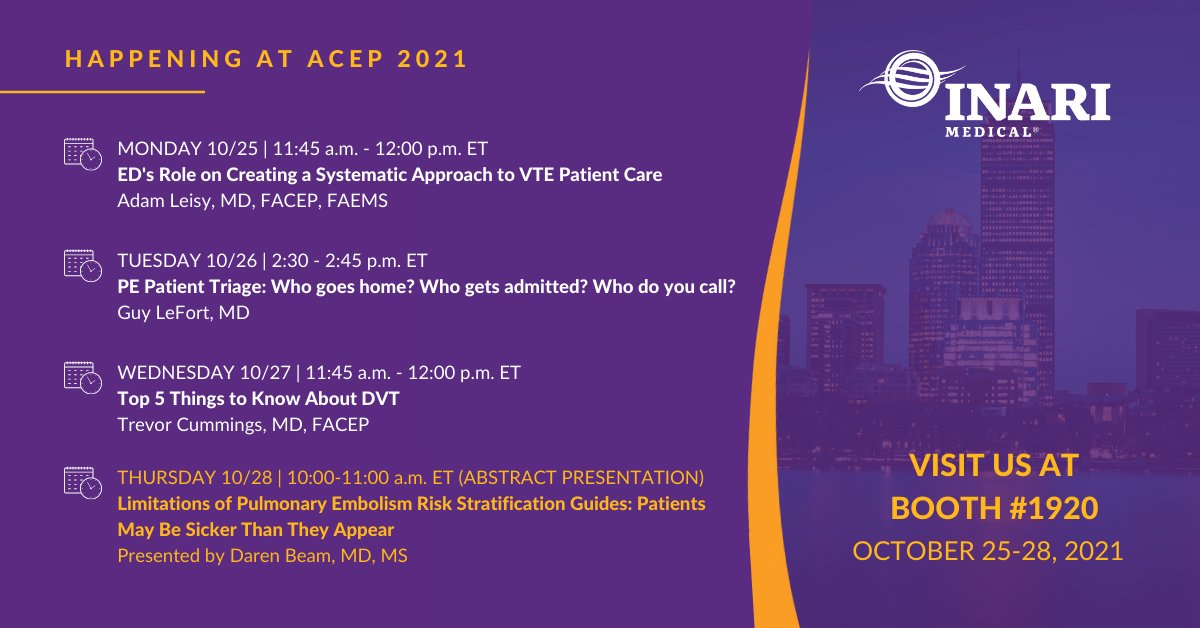 InariMedical's tweet photo. Meet us at #ACEP21! Join us throughout the show during Learning Lounge sessions focused on #PE patient triage, creating a systematic approach to #VTE patient care, &amp; the top 5 things to know about #DVT.

More: https://t.co/NCz20QdCd5 https://t.co/4ZD7tfBYPk
