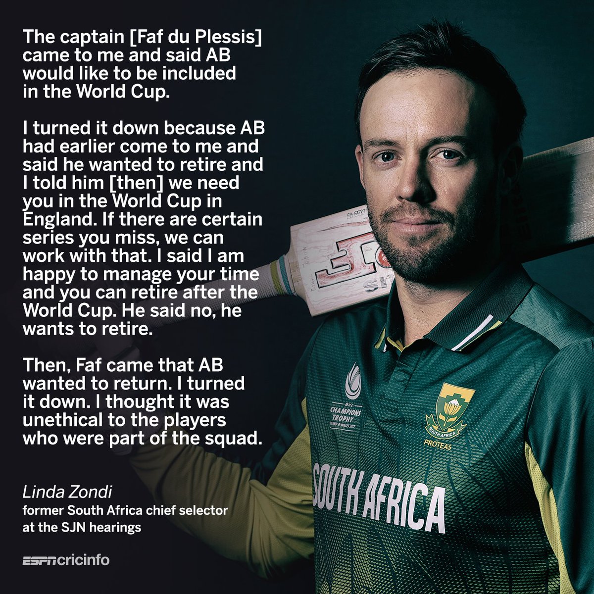 cricinfo's tweet photo. Former South Africa selector Linda Zondi explains why he turned down AB de Villiers when he wanted to return for the 2019 World Cup.

👉 https://t.co/7YB1mjIYMV https://t.co/xYvTw7Evw6