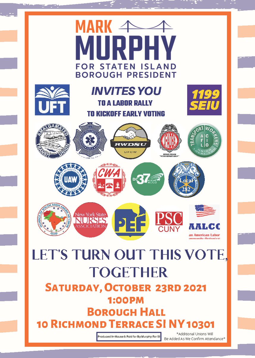RWDSU's tweet photo. We're looking forward to joining our labor allies in Staten Island this Saturday, Oct 23, to support @MurphyforSI and kick off the early voting period in NY! https://t.co/U3JTyTy70S